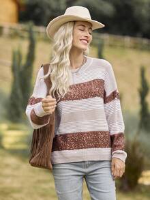 LanaWest Suéter holgado de punto con cuello redondo y cuentas de color contrastante para mujer, informal, para otoño e invierno - Multicolor - Ver 4