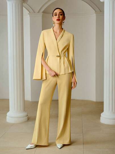 ZEYLAH Pantalones elegantes de mujer de unicolor con vuelo, para primavera/verano