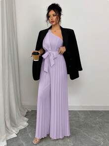 Elenzga Elegant Solid Color Ruched Waist One-Shoulder Jumpsuit For Women - Mauve Purple - View 4