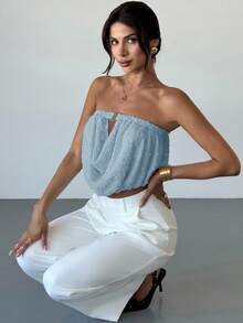 Aloruh 新款性感褶皱领口弹力收拢金属扣装饰修身露脐上衣 - 淺藍色 - 查看 5