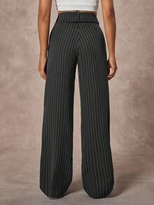 SHEIN Marinblå randiga kostymbyxor med rak passform och knappar framtill för kvinnor - Marinblå - Visa 2