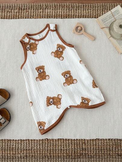 SHEIN Newborn Baby Boy/Girl Cute Cartoon Bear Print Sleeveless Romper, Summer