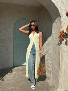 Selianne Sexy European Style V-Neck Sleeveless Slit Design Buttoned Cardigan Sweater Vest, Slim Fit For Women, Spring/Summer - Yellow - View 3