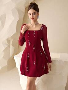 Modelyn 女士酒红色针织长袖网纱收腰A字型串珠连衣裙，春夏款 - 酒紅色 - 查看 5