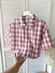 SHEIN Áo sơ mi ngắn tay kẻ caro cổ điển thường ngày dành cho bé gái tuổi teen - Đỏ - Xem 5
