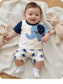 SHEIN Newborn Baby Cute Elephant Print Short Sleeve T-Shirt & Floral Shorts Set, Summer - Navy Blue - View 9