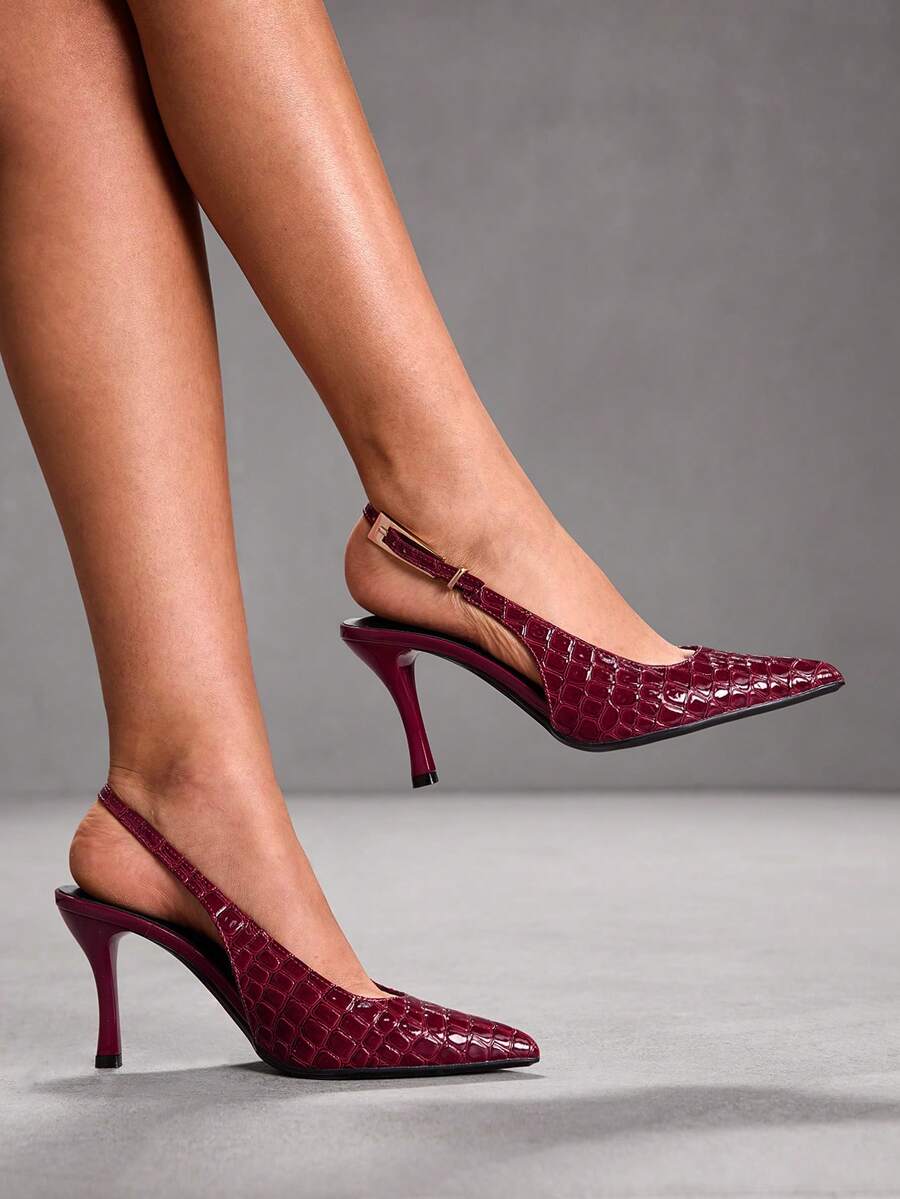 CUCCOO SZL 女士尖头高跟鞋，8厘米优雅细高跟，后跟系带，方便穿脱，镜面PU材质，金属大装饰扣，酒红色，酒杯鞋跟，适合日常/派对/圣诞节/感恩节/情人节/约会/聚会等场合穿着。 - 酒紅色 - 查看 1