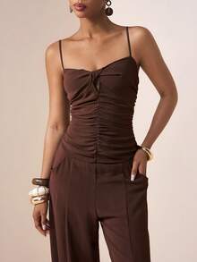 Zivah 2026 Spring/Summer New Music Festival Jumpsuit With Spaghetti Strap, Twist Ruched Design, Pockets, Ankle-Tied, Brown - Brown - View 2