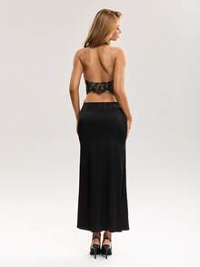 Sweetina Women Floral Lace Halter Crop Top And Fish Tail Midi Skirt 2 Pieces Set - Black - View 2