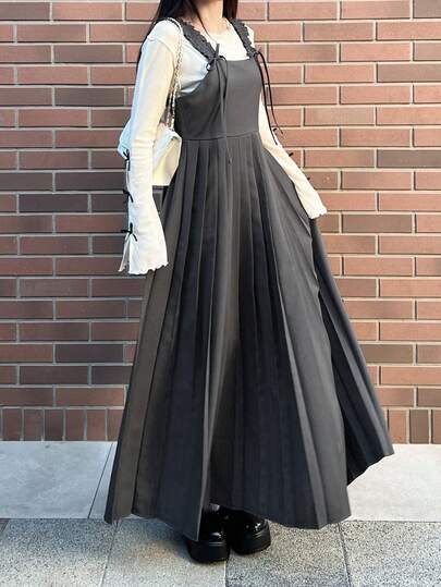 FRIFUL Women's Solid Color Suspender Strap Shoulder Ruched Bow Decor Pleated Hem Loose Casual Versatile Long Dress, Spring