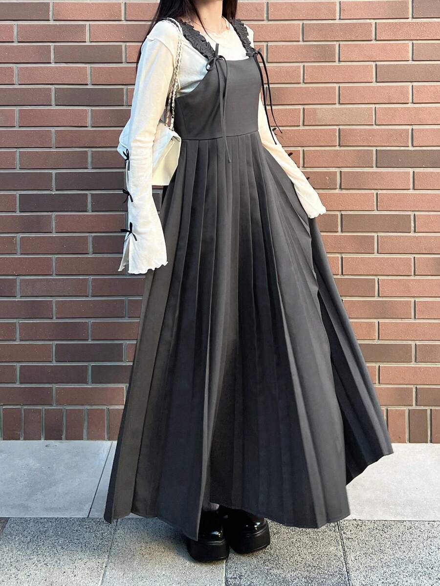 FRIFUL Women's Solid Color Suspender Strap Shoulder Ruched Bow Decor Pleated Hem Loose Casual Versatile Long Dress, Spring Sundress - Grey - View 1