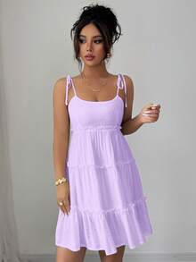 Elenzga Đầm hai dây viền bèo chấm bi Thụy Sĩ, trang phục đi biển cho nữ. - Màu tím hoa cà - Xem 4