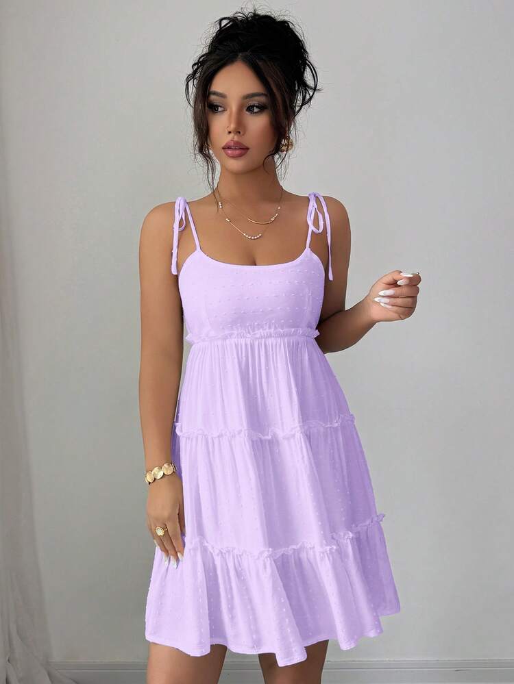 Elenzga Swiss Dot Frill Trim Cami Dress Vacation Beach Outfits