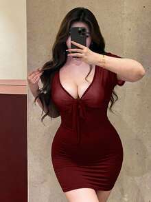 Vibekara 大码女式网纱前系带短袖紧身性感连衣裙 - 酒紅色 - 查看 5