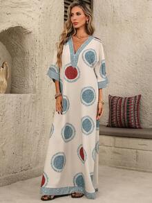 Breezaya Women's Elegant Retro Print V-Neck Loose Drop Shoulder Mid-Sleeve Dress - Multicolor - View 6