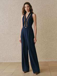 Anewsta 女士复古修身无袖高腰镂空刺绣免水洗牛仔连体裤，春夏喇叭连体裤，藏蓝色连体裤，女士连体裤，牛仔连体裤 - 藍色 - 查看 8