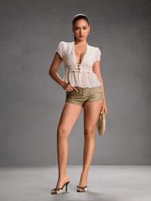 CUCCOO SZL 女士优雅通勤蕾丝蝴蝶结装饰高跟凉鞋 - 橄欖綠 - 查看 3