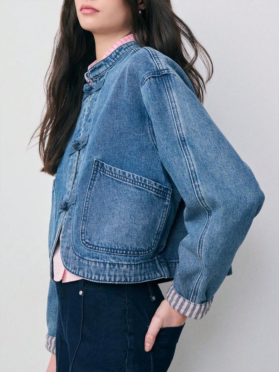 Nöista Denim Jacket With Oriental Style Button, Regular Fit, Mao Collar And Front Pockets, Chinese Style Jacket. Spring, Summer Outfit, Casual Outfit For Women. - Medium Wash - View 1