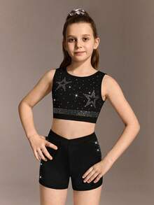 2pcs/Set Tween Girls Crew Neck Cropped Tank Top With Rhinestone Decor On Front, Criss-Cross Waist Elastic Waist Shorts With Rhinestone Decor On Side, Stretchy & Soft For Running, Cycling, Workout, Casual Wear - Black - View 4