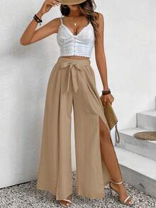 SHEIN Frenchy 女士纯色休闲度假开衩系带宽松裤 - 卡其色 - 查看 5