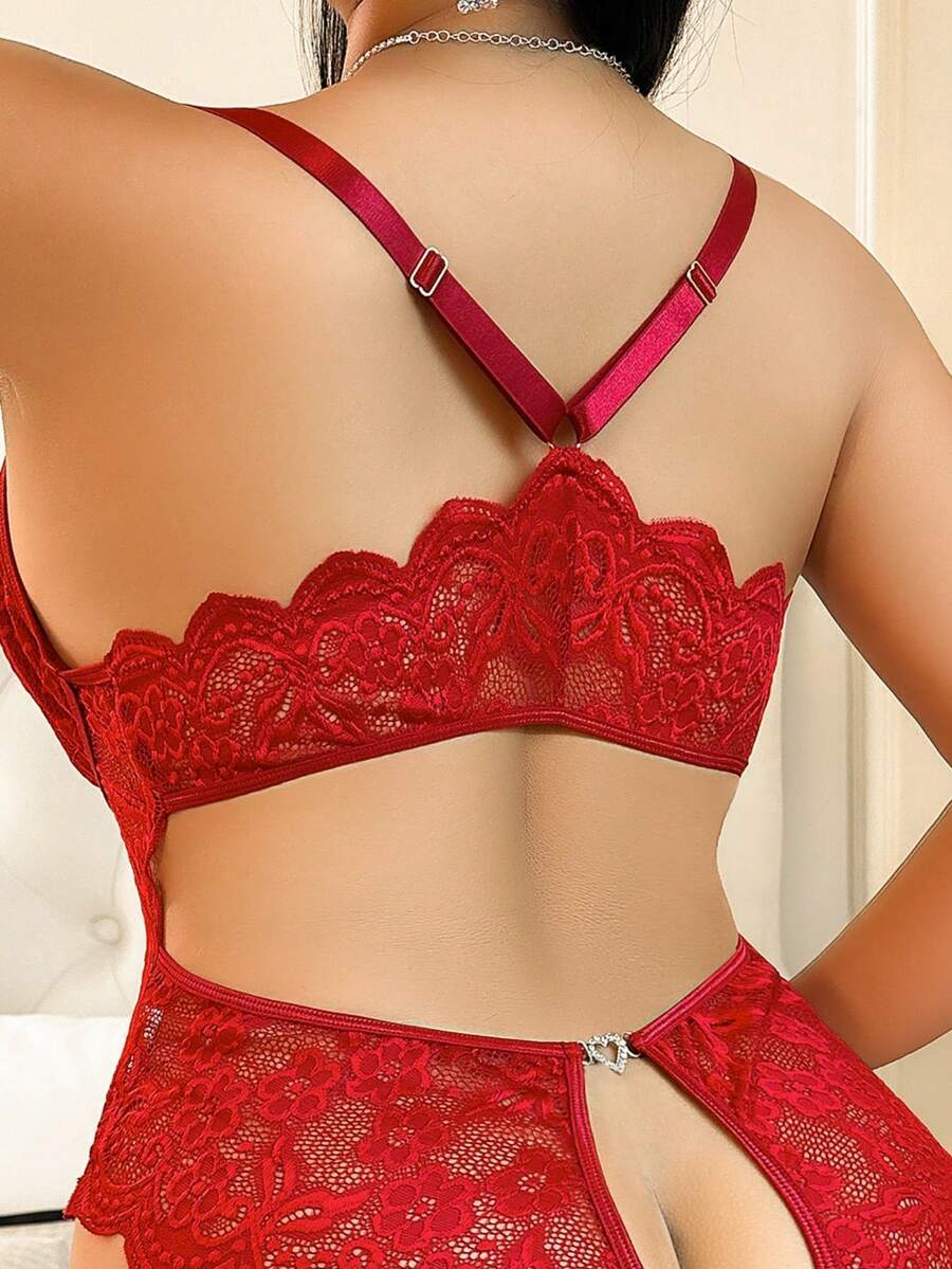 SHEIN 1 bộ đồ lót liền thân ren không lót cỡ lớn - Màu Đỏ Sâu - Xem 1