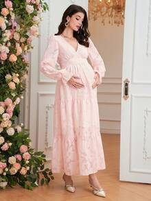 SHEIN Elegant Maternity V-Neck Long Sleeve Ruched Waist Dress - Pink - View 8