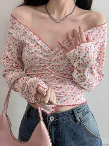 DAZY 女士休闲碎花T恤，粉色，春夏款 - 粉色 - 查看 2