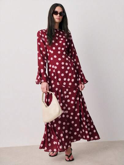 Nöista Polka Dot Long-Sleeve Dress Polka, Flared Cuffs And A Flowing Hem. Semi-Formal Occasions, Night, Weeding Dress, Easter, Spring, Summer.