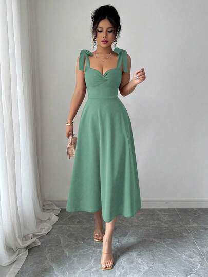 Elenzga Sleeveless Tie-Up Cinched Waist A-Line Elegant Romantic Dress For Women
