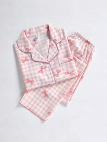 SHEIN School Girl Pajamas - Girls Cute Butterfly & Plaid Print Short Sleeve Collared Cardigan With Loose Pants 2 Pieces Sleepwear Set - Multicolor - View 6