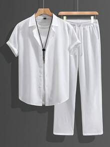 Manfinity RSRT Men's Casual Suit - Long Pants And Short Sleeve Shirt Mens Co Ord Set 2 Piece Set For Men Summer Greece Vacation Outfit Men Men White 2 Piece Pants Set Old Money,Daily Leisure, Weekend Trips, Outdoor Activities, Travel Expeditions, Relaxed Work Environments Or Semi-Formal Occasions, Boyfriend/Husband Gift, Anniversary /Birthday Gift Party Summer Vacation Holiday New Years Wedding Valentine's Day - White - View 1