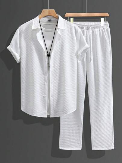 Manfinity RSRT Men's Casual Suit - Long Pants And Short Sleeve Shirt Mens Co Ord Set 2 Piece Set For Men Summer Greece Vacation Outfit Men Men White 2 Piece Pants Set Old Money,Daily Leisure, Weekend Trips, Outdoor Activities, Travel Expeditions, Relaxed Work Environments Or Semi-Formal Occasions, Boyfriend/Husband Gift, Anniversary /Birthday Gift Party Summer Vacation Holiday New Years Wedding Valentine's Day
