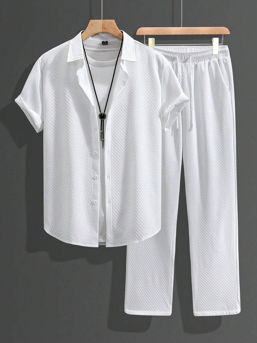 Manfinity RSRT Men's Casual Suit - Long Pants And Short Sleeve Shirt Mens Co Ord Set 2 Piece Set For Men Summer Greece Vacation Outfit Men Men White 2 Piece Pants Set Old Money,Daily Leisure, Weekend Trips, Outdoor Activities, Travel Expeditions, Relaxed Work Environments Or Semi-Formal Occasions, Boyfriend/Husband Gift, Anniversary /Birthday Gift Party Summer Vacation Holiday New Years Wedding Valentine's Day - White - View 1