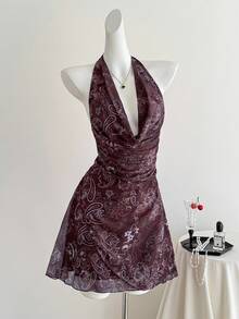 Sweetra Đầm mùa hè nữ phong cách Mỹ cổ điển, thiết kế in họa tiết, gợi cảm, cổ xếp ly, eo nhún, vạt bất đối xứng. - Nhiều màu - Xem 5