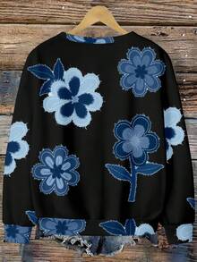 EMERY ROSE Plus Size Women Floral Print Denim-Look Crew Neck Long Sleeve Casual Loose Sweatshirt - Multicolor - View 2