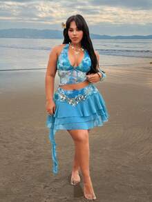 Rustia 女士吊带亮片领结无袖纯色蕾丝雪纺修身休闲夏季度假两件套，加大码 - 水鴨藍 - 查看 7