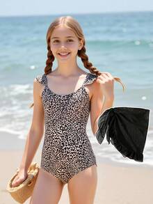 SHEIN Tween Girls Leopard Print Shoulder Strap Ruffle One-Piece Swimsuit With Ruffle Hem Skirt, Suitable For Swimming, Vacation, Summer Beach Leopard Print Swimsuit Leopard Bathing Suit Animal Print Bathing Suit Cheetah Print Swimsuit Cheetah Bathing Suit - Black - View 6