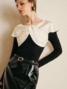 Arave 女士黑色高弹针织修身缎面滚边领口纽扣结设计，优雅约会上衣，情人节女士黑色上衣，春季款 - 黑色 - 查看 8