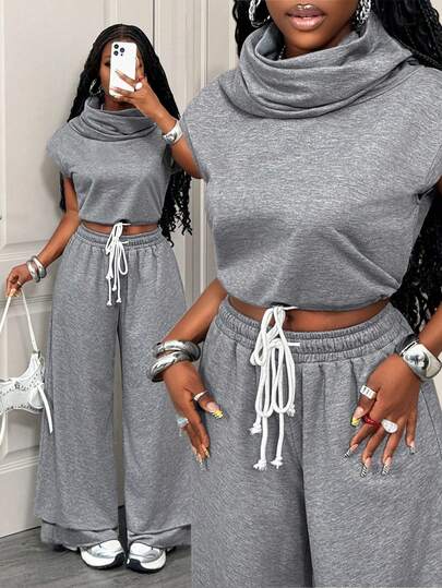 SHEIN BamGlam Women's Solid Color Turtleneck Casual Versatile Daily Wear Short Sleeve Sweatshirt Vacation Boho Sexy Plain Plaid Striped Casual