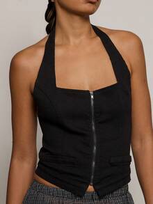 COUREZ Halter Neck Zip Up Denim Top /Y2K Spring Clothes For Women Cute Sexy Black Tops Going Out Party Rave Outfits Summer Tops Summer Outfits - Black - View 6