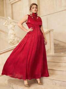 大码情人节优雅无袖立领荷叶边腰身长裙，正式派对礼服，适合各种场合：度假、约会、舞会、婚礼，百搭 - 紅色 - 查看 1