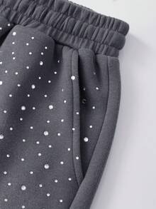 ROMWE MEN Street Life Pantalones cortos con cordón en la cintura, bolsillos y estampado de rhinestones para hombres - Gris - Ver 4