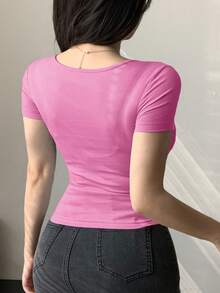 DAZY 女士 V 领扭结短袖修身短款 T 恤 - 粉色 - 查看 5