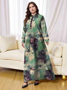 SHEIN Najma 大码女式扎染印花纽扣领长袖连衣裙，春夏款 - 彩色 - 查看 3