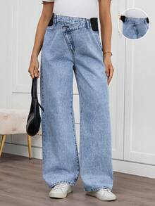 SHEIN 孕妇纯色休闲牛仔裤，春夏情人节嘉年华服装通勤度假毕业时尚Y2K可爱街头风性感派对婚礼优雅商务休闲女装蓝色阔腿牛仔裤，松紧腰牛仔裤，日常穿着 - 藍色 - 查看 2