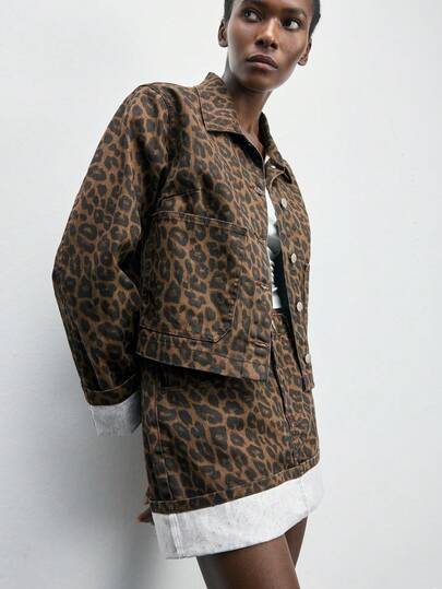 Maija Women's Leopard Print Button Front Long Sleeve Jacket And Denim Skirt 2-Piece Set