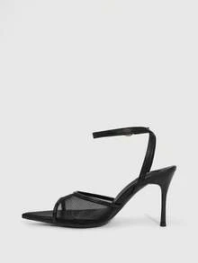 CUCCOO SZL 2025新款网面露趾高跟凉鞋，时尚绑带性感细高跟网面夏季女鞋 - 黑色 - 查看 5