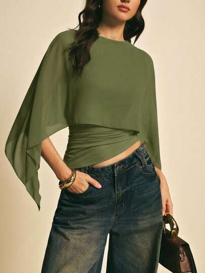 Poéselle Women's Solid Color Round Neck Short Asymmetrical Hem Fashionable Minimalist Blouse