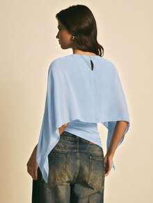 Poéselle 女士纯色圆领短款不对称下摆时尚简约衬衫 - 淺藍色 - 查看 7