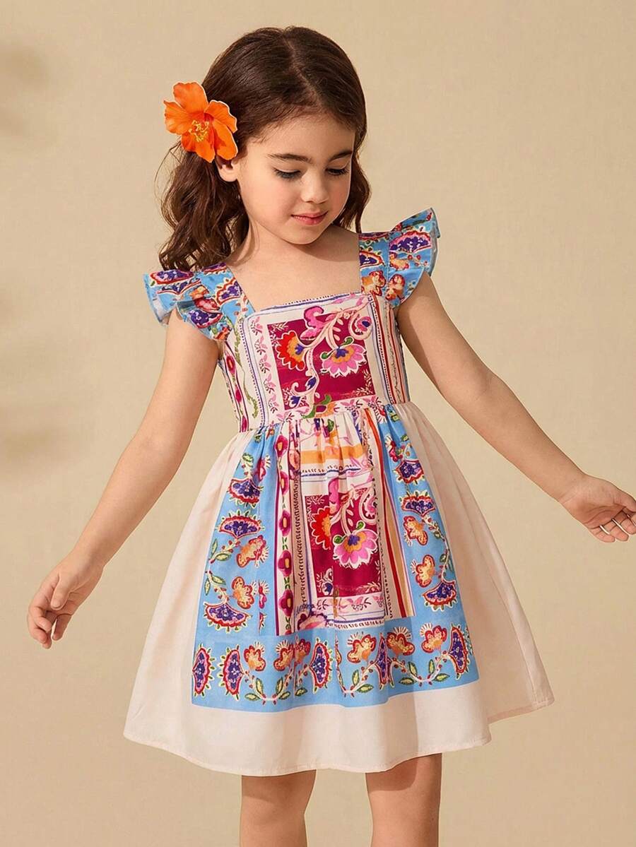 Travachic KIDS 小女孩可爱碎花印花短袖夏季度假连衣裙 - 彩色 - 查看 1